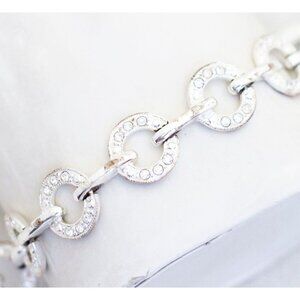 7 1/2 inch, Vintage Silver Tone Ring-shaped Links Rhinestones Bracelet - D1